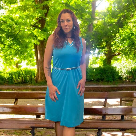 70's Vintage Blue Dress with Matching Jacket and Belt Size 10 - Picture 2 of 7